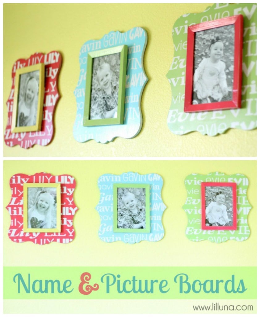 Custom Name and Picture Boards. Such a cute idea!