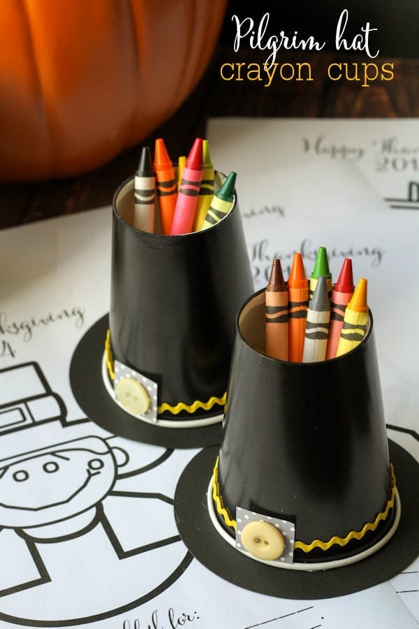 CUTE and Simple Pilgrim Hat Crayon Cup Holders - perfect for Thanksgiving { lilluna.com } Supplies needed include - black cups, black scrapbook paper, buttons, and rick rack. 