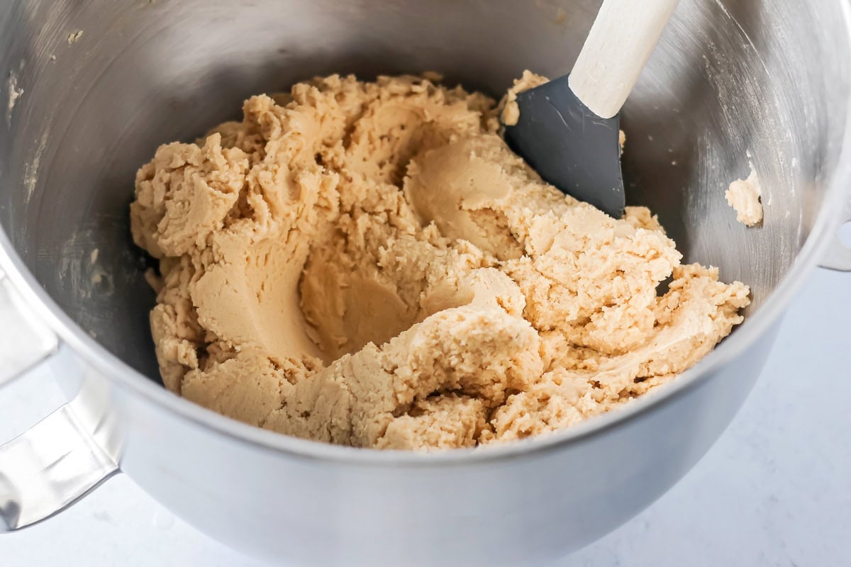 M&M Cookie dough in mixer.