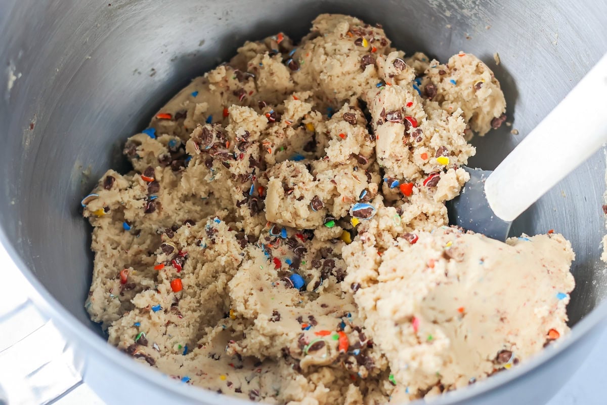 Crushed M&Ms mixed through out cookie dough.