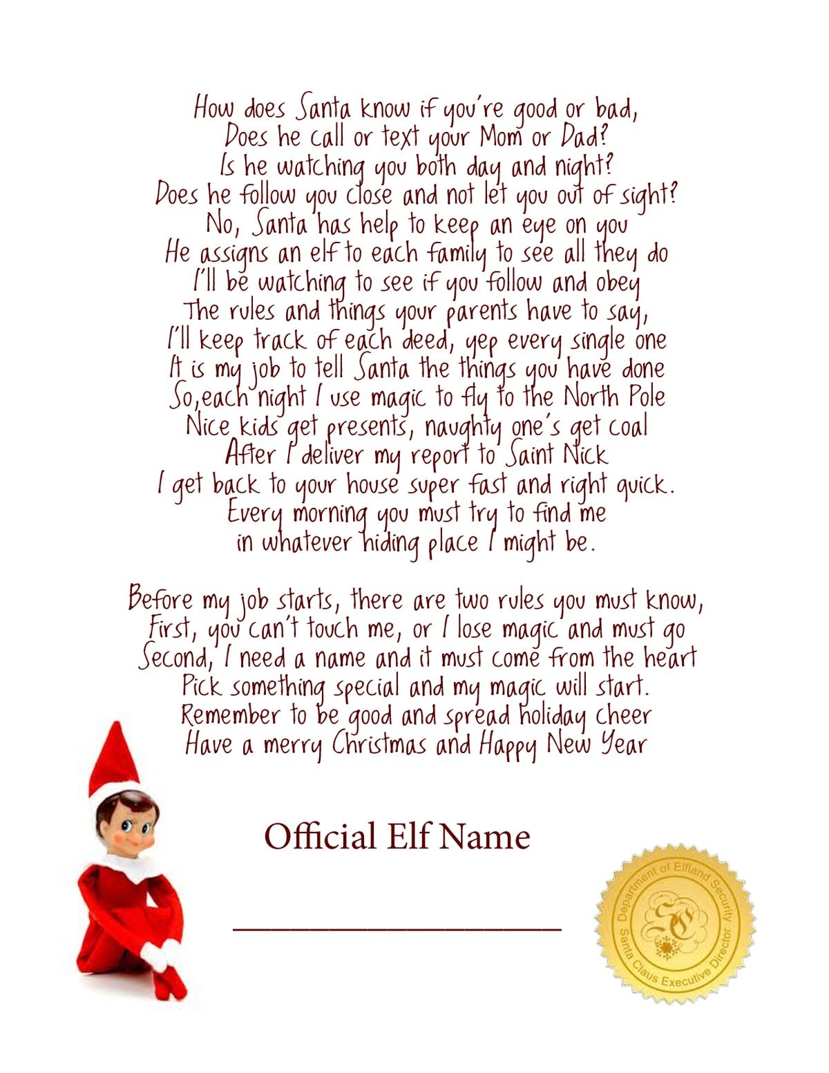 Elf on the Shelf Story - FREE Printable Poem - Lil' Luna