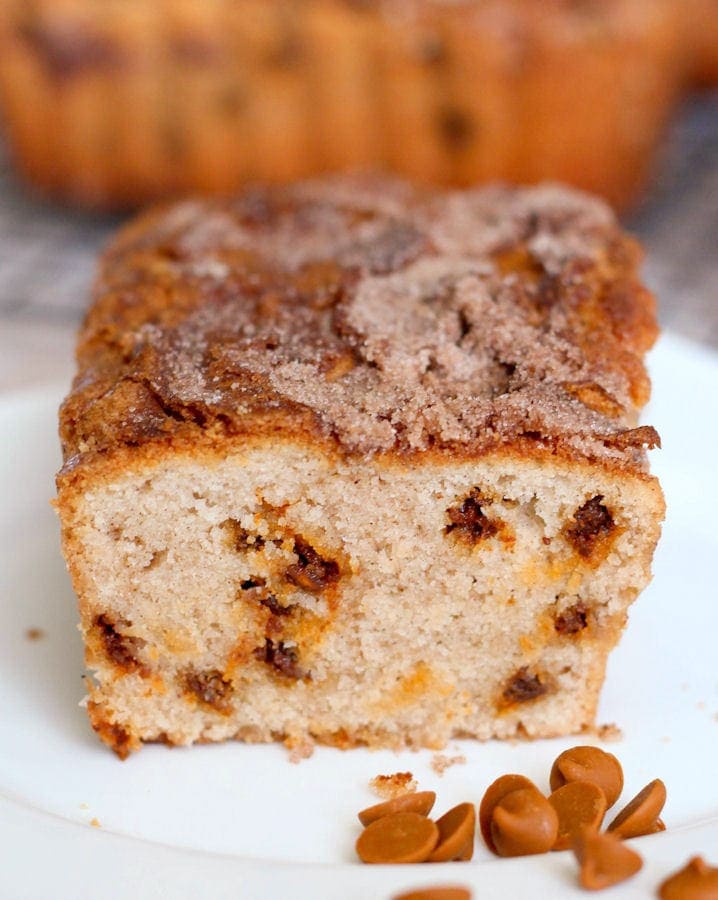snickerdoodle quick bread with cinnamon chips on a plate