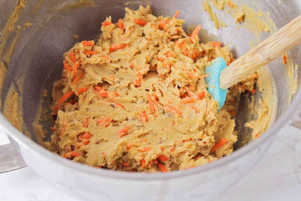 Carrot cake cookie dough in bowl