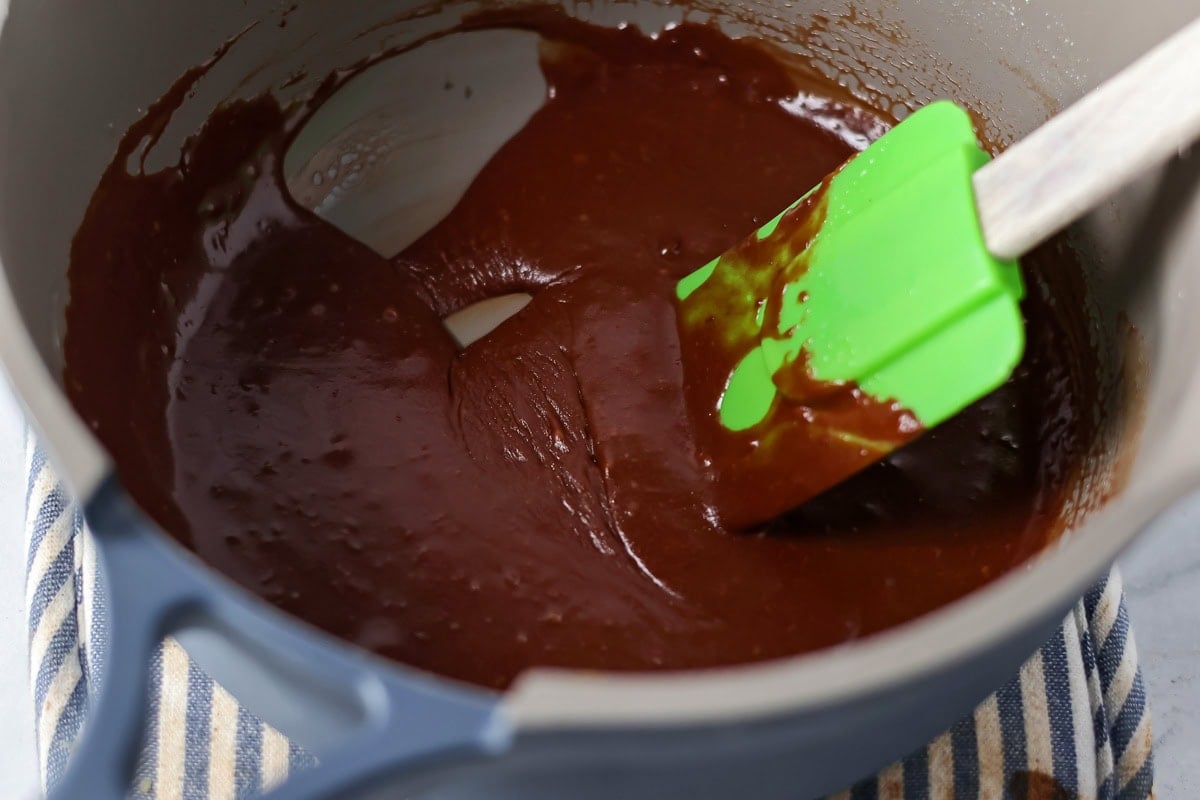 Mixing chocolate frosting in a bowl.