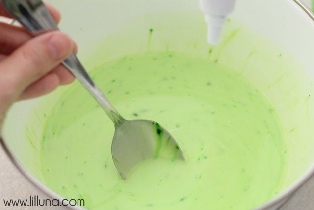 Making green gak in a mixing bowl 