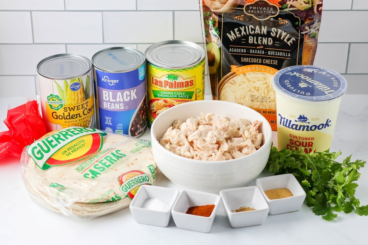 Mexican Lasagna ingredients on countertop.