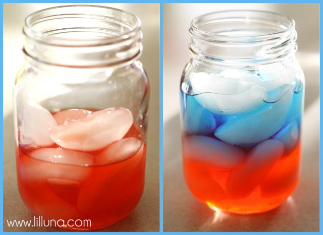 Layering red white and blue drinks in a mason jar