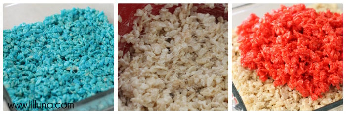 Process shots of layering blue, white, and red rice krispie mixtures in a glass pan