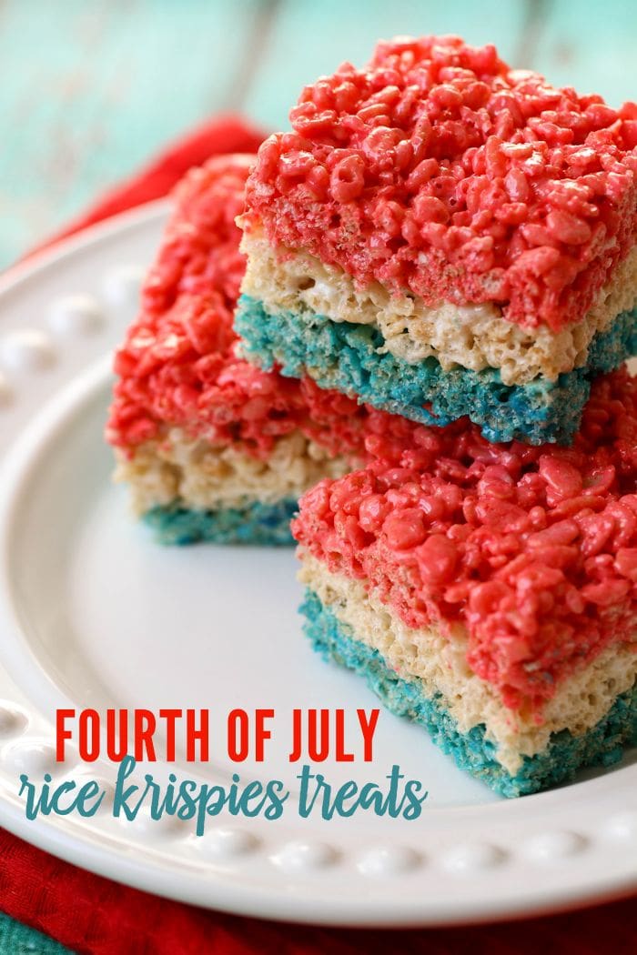 4th of July Rice Krispie Treats on a white plate