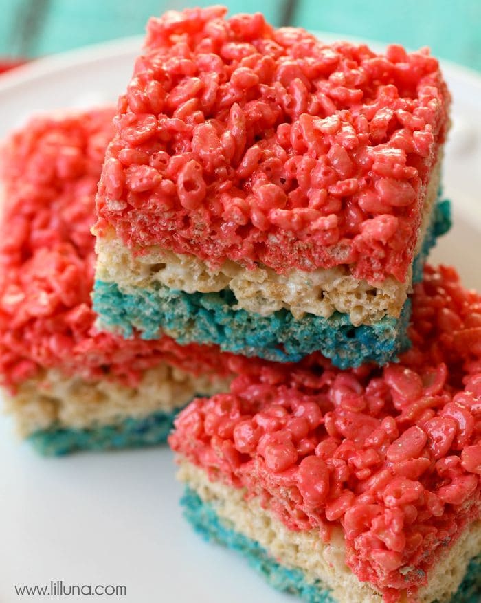 4th of July Recipes - Fourth of July rice krispie treats stacked on a white plate.