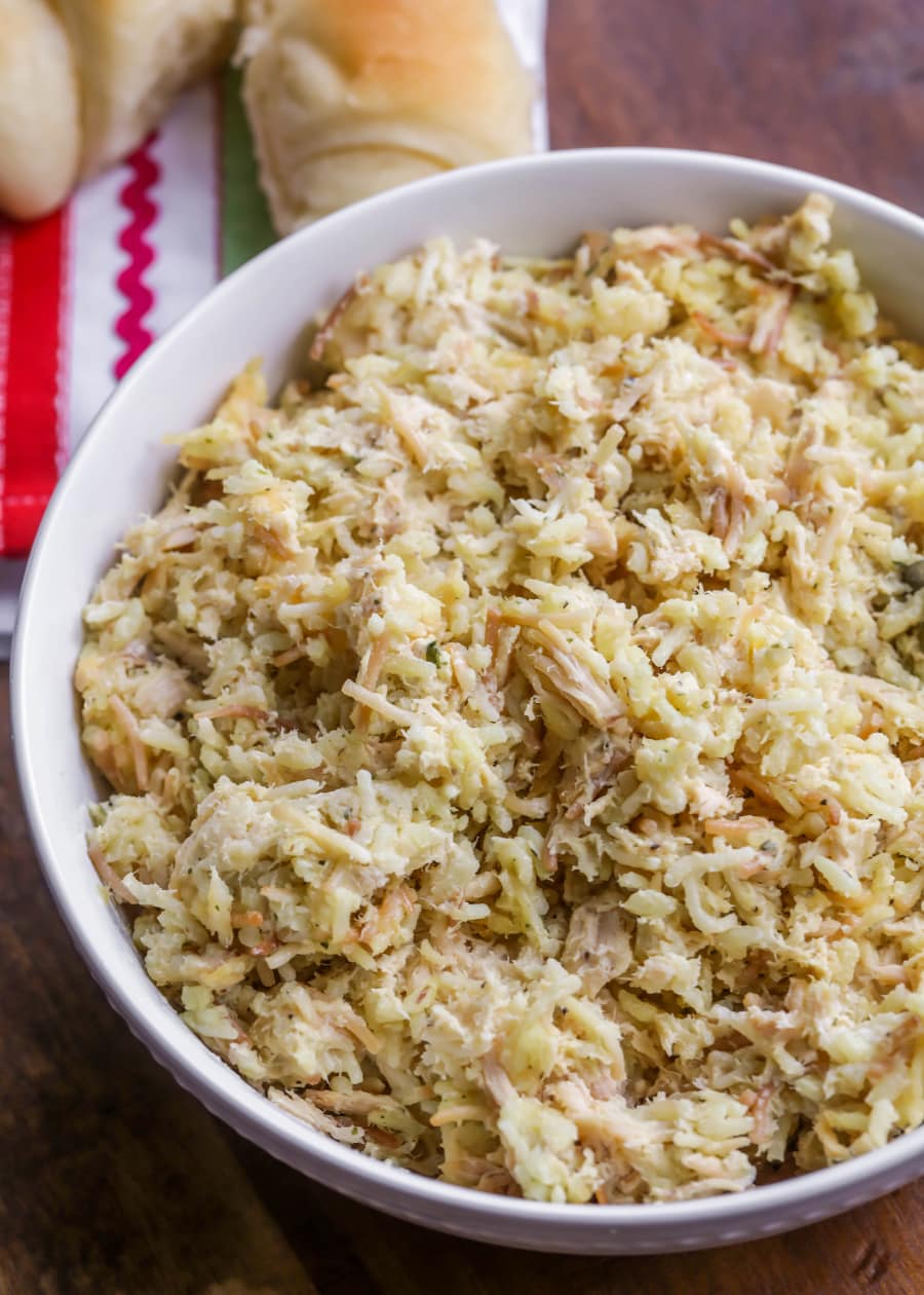 rice a roni Chicken salad served in a white bowl