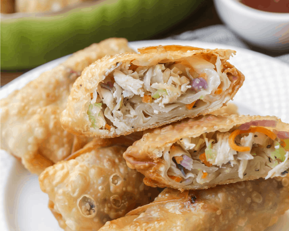 Des nems sur une assiette, avec un tranché en deux montrant la garniture