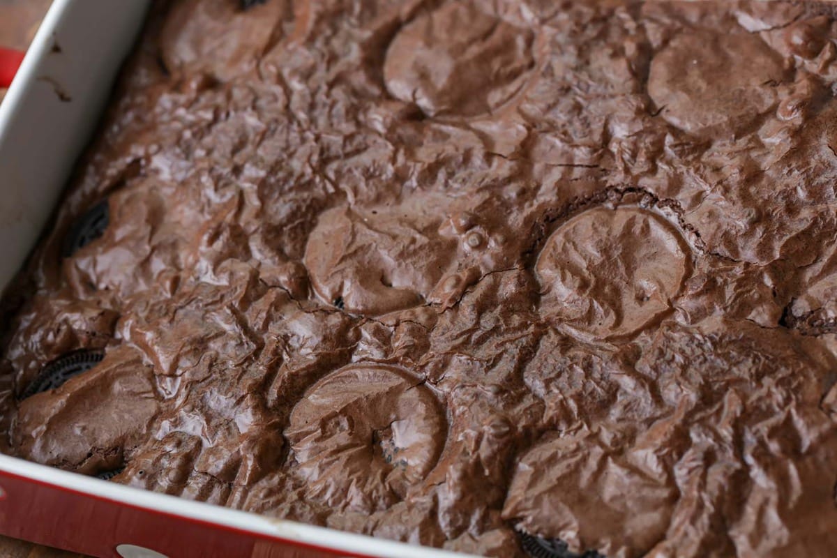 Oreo Stuffed Brownies in a baking dish