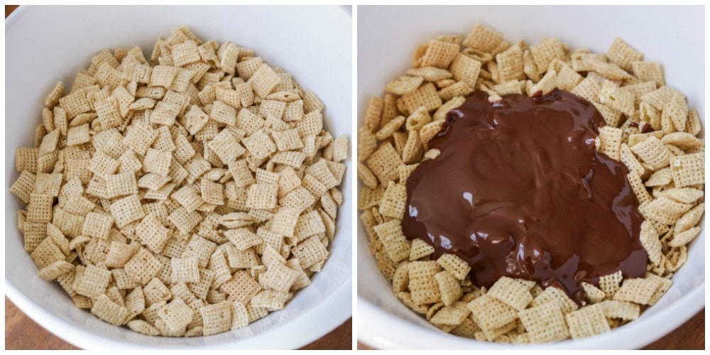 Pouring melted peanut butter chocolate over chex cereal