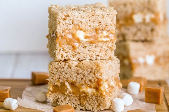 stacked crack rice krispies with gooey caramel center