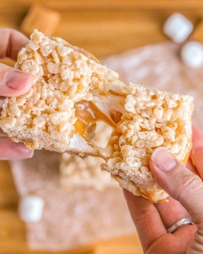 Caramel and marshmallow filled crack rice krispies