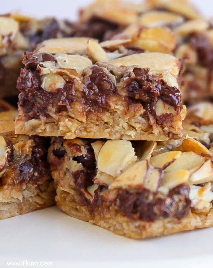 Almond Toffee Bars layered with chocolate and toffee