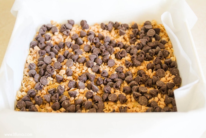 Chocolate chips layered for almond toffee bars