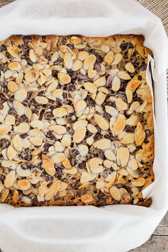 Almond Toffee Bars baked in a cooking dish