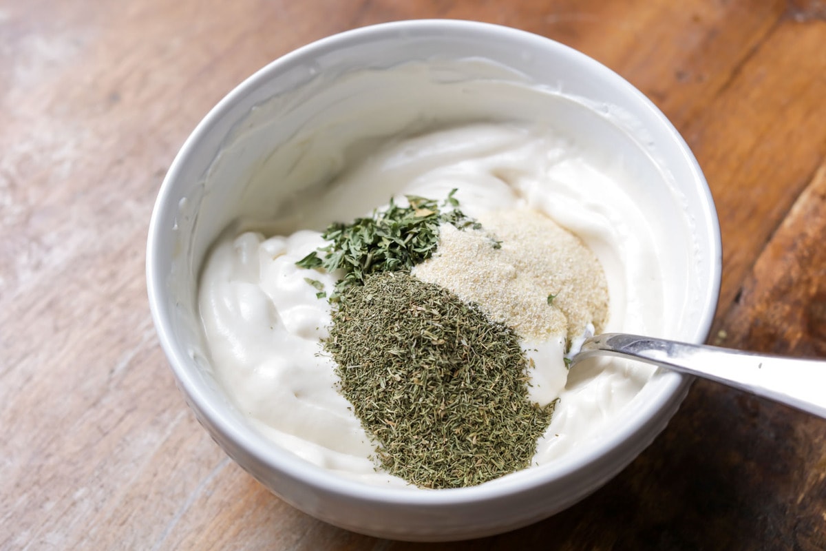 Dill Veggie dip ingredients in a bowl.