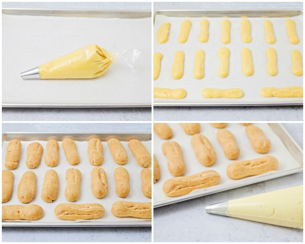 Piping eclair pastry dough onto a baking sheet