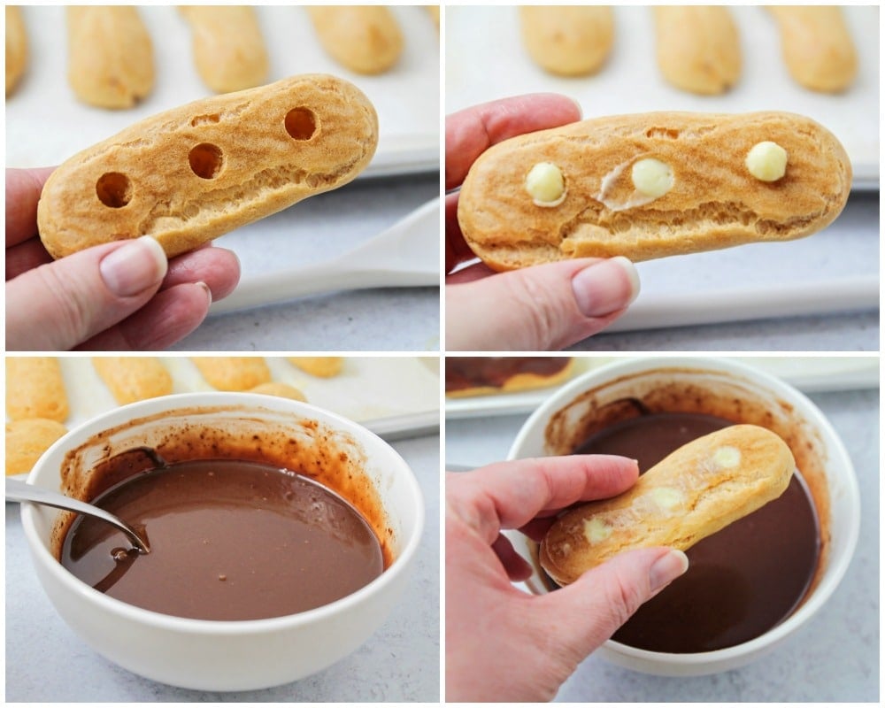 Adding eclair filling to pastry shell and dipping in chocolate glaze