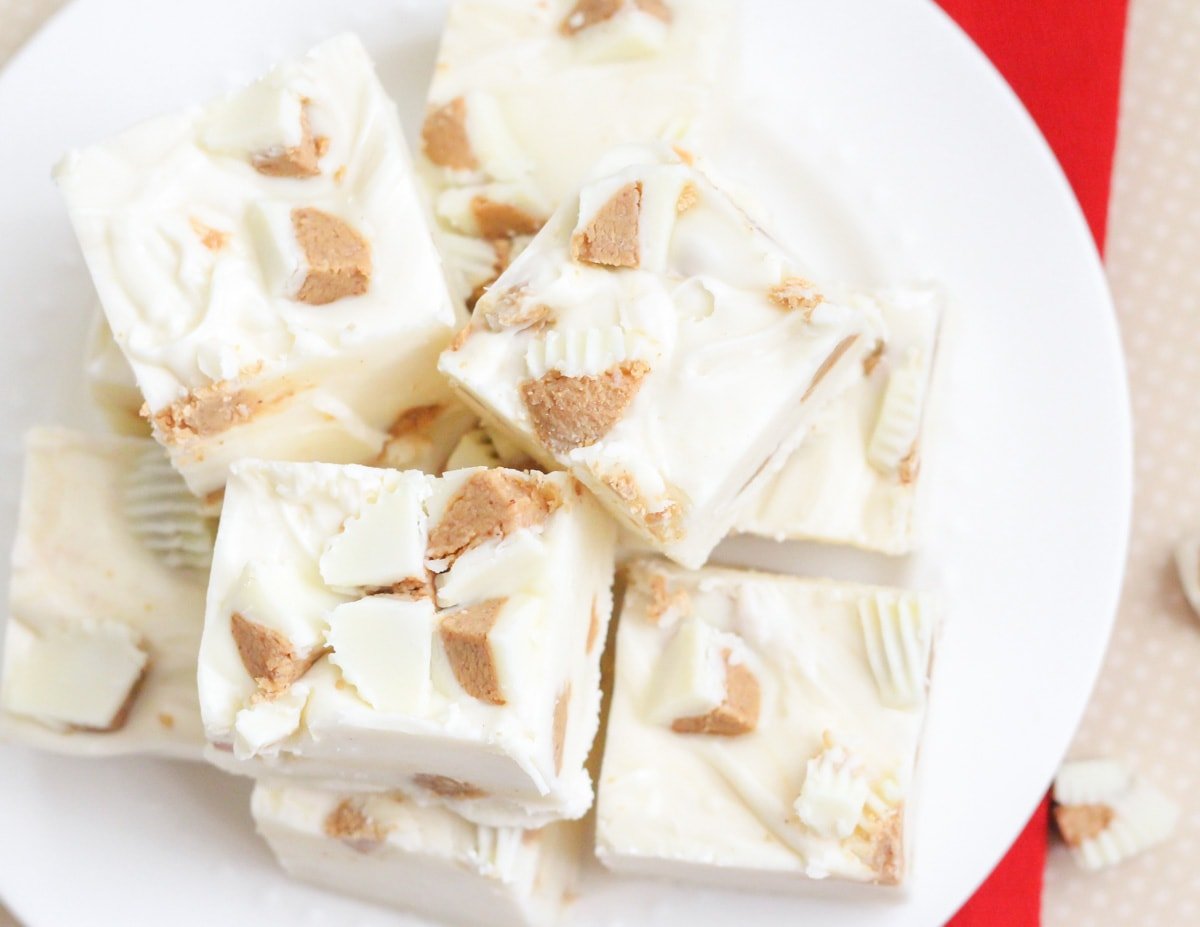 New years eve desserts - a plate of white chocolate Reeses fudge cut into squares.