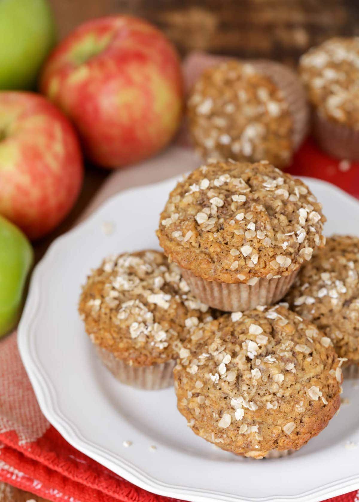 Close up of healthy apple cinnamon muffins on white plate
