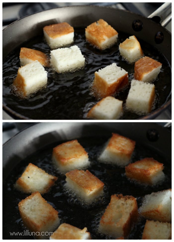 Angel Food Cake squares frying in oil