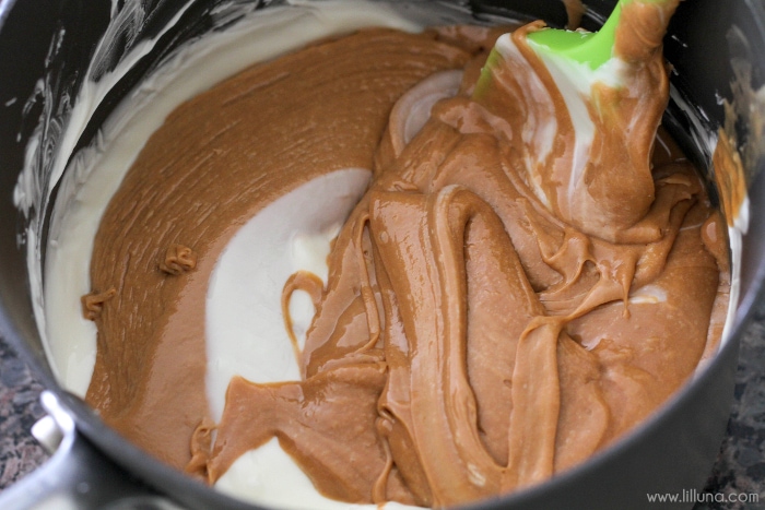 making caramel apple fudge in a saucepan