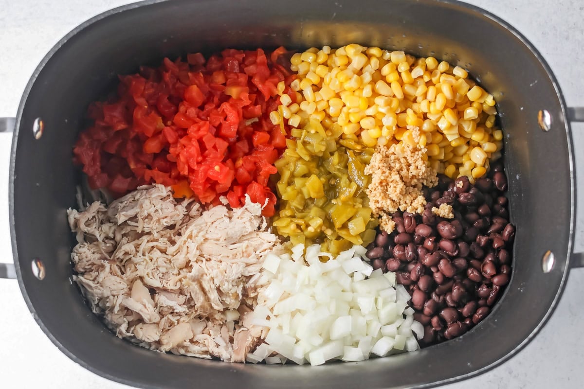 Ingredients for chicken tortilla soup in the crock pot.