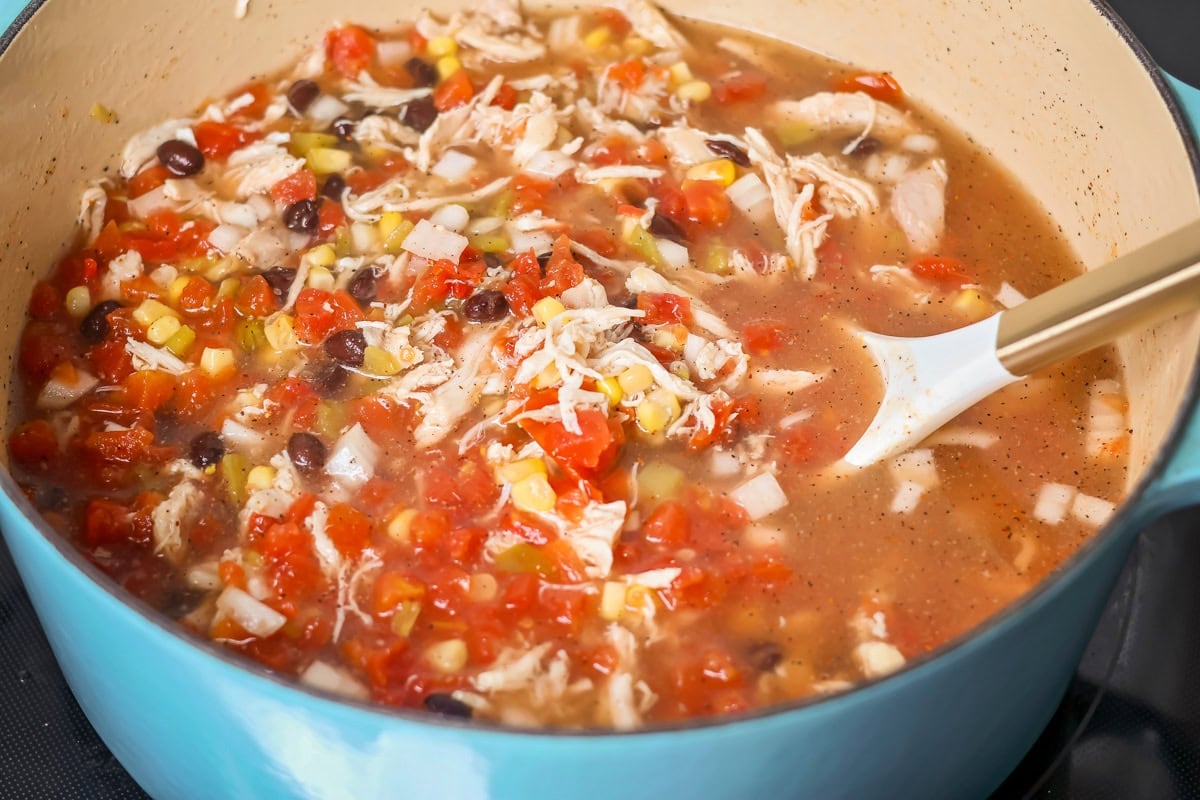Chicken tortilla soup ingredients mixed together in pot.