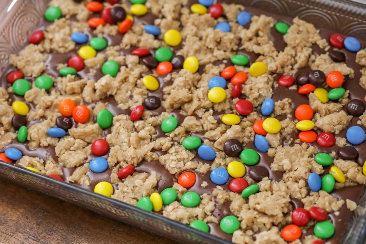 Thanksgiving desserts - a pan of m&m chocolate oat bars.
