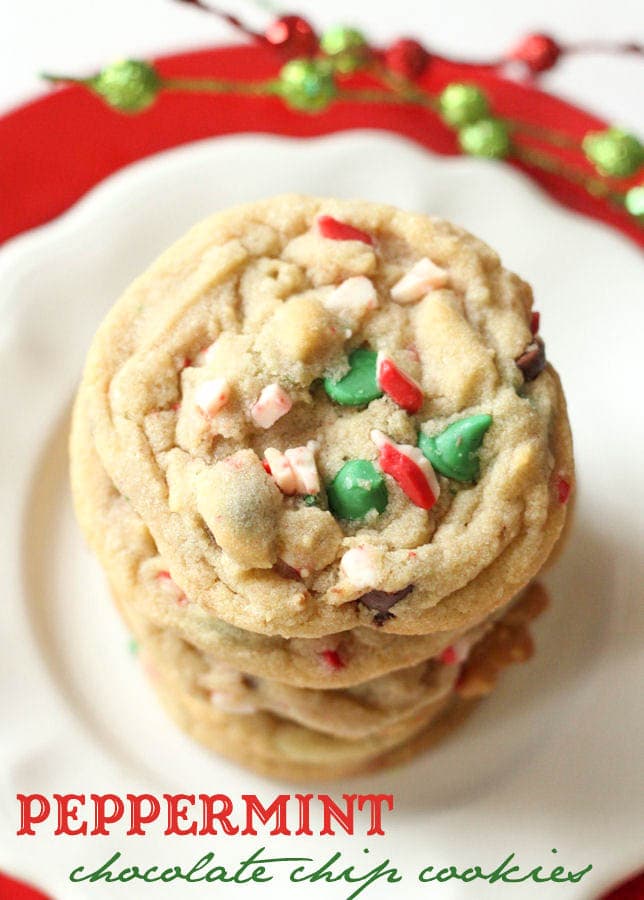 Delicious Peppermint Chocolate Chip Cookies topped with Andes Peppermint Crunch pieces.