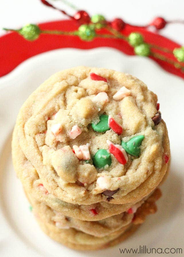 Delicious Peppermint Chocolate Chip Cookies on a white and red plate
