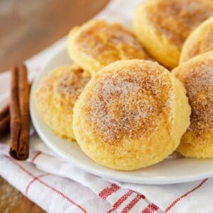 Cake mix snickerdoodles on a white plate.