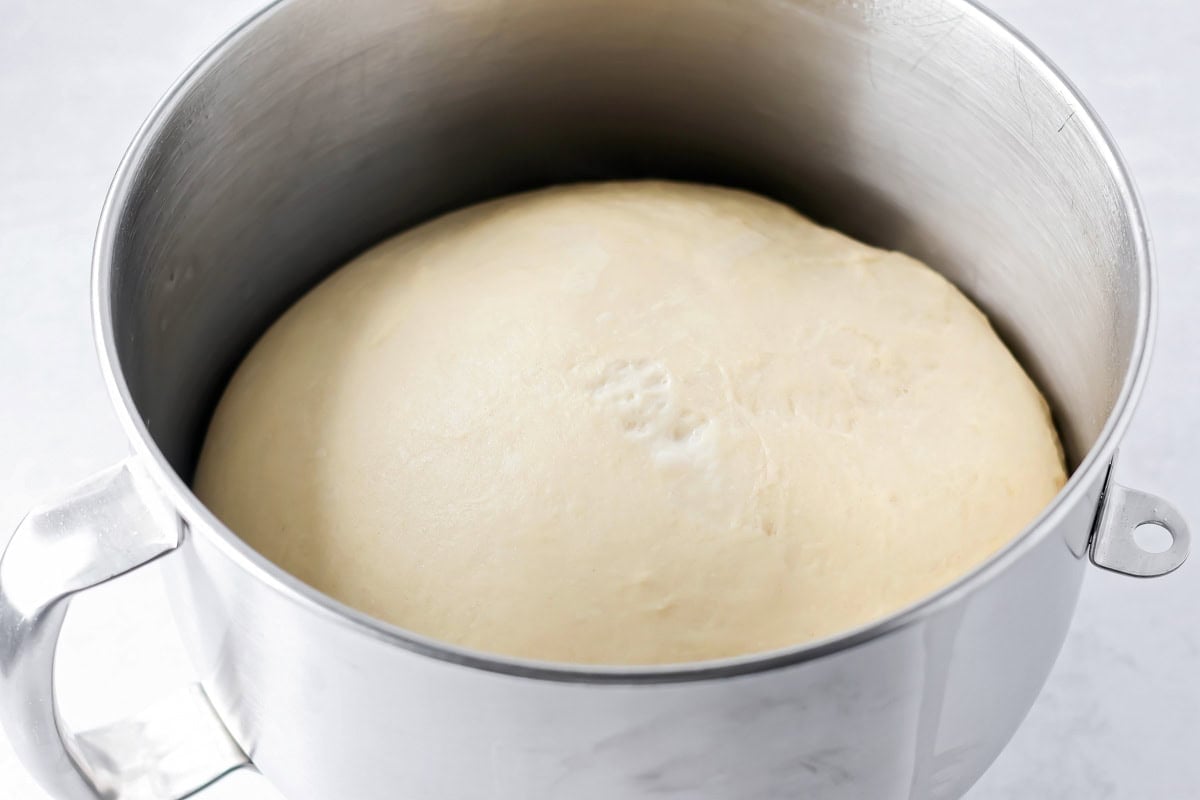 Dinner roll dough risen in bowl.