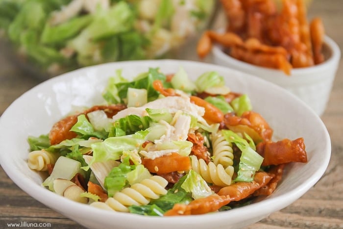 Fall salad recipes - white bowl of  Chinese pasta salad.