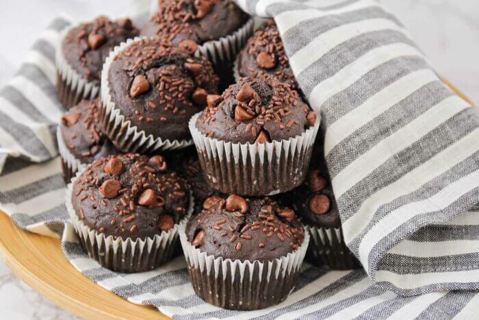 Double chocolate muffins in a basket