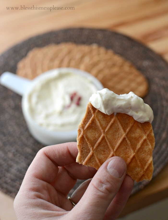 waffle cookie dipped in cheesecake dip