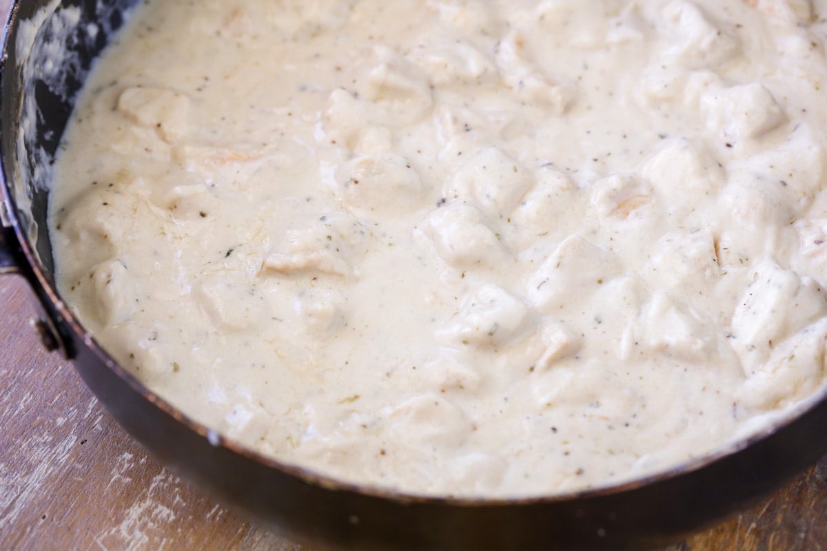 Cooked chicken in creamy white sauce