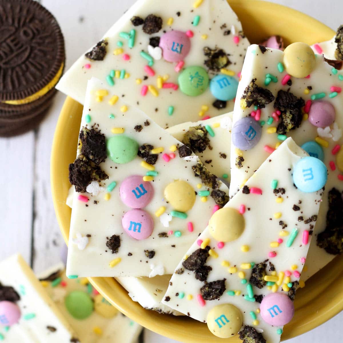 Easter bark with Oreos, M&M's, and sprinkles
