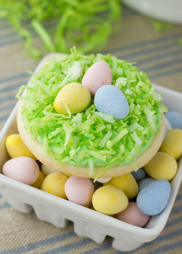 Birds nest sugar cookies topped with cadbury eggs.
