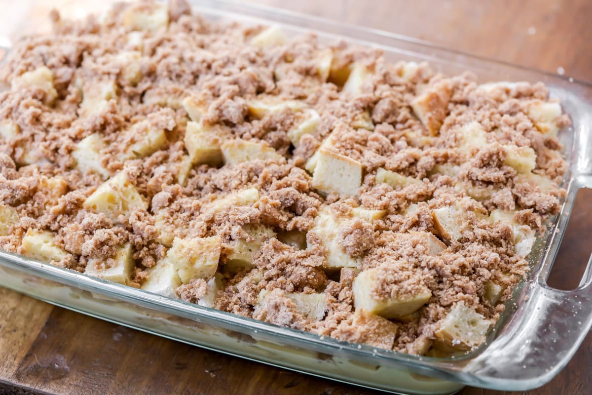 French toast casserole ready to be put into oven.