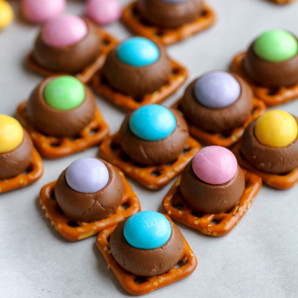 Rolo pretzels with Easter colored M&M's