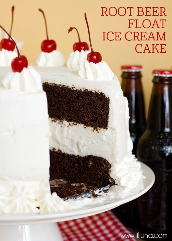  Root Beer Float Ice Cream Cake topped with cherries on a white platter