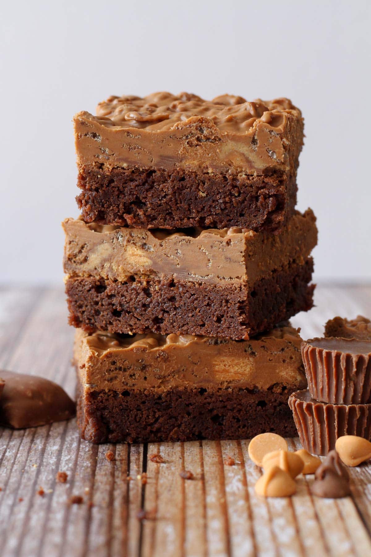Three candy bar brownies stacked on top of each other