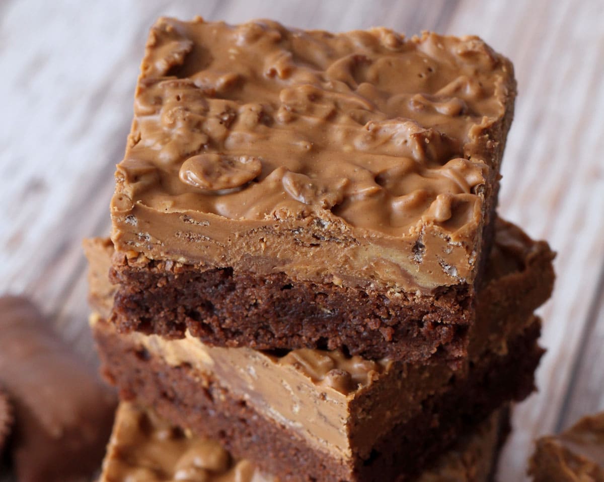 Brownies with candy bar and peanut butter chocolate layer on top
