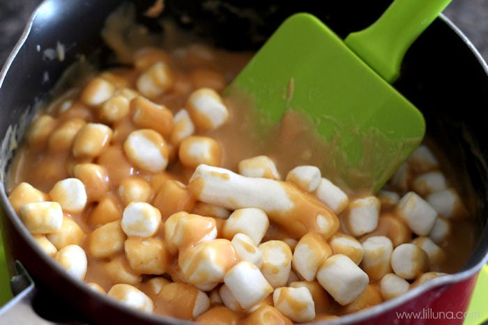 marshmallows in a caramel mixture.