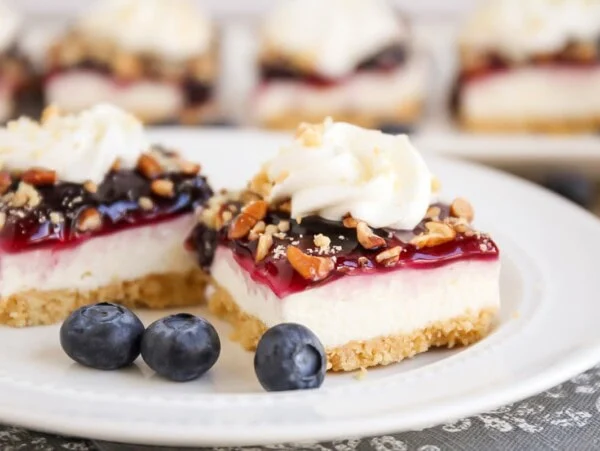 Two slices of blueberry delight on a white plate.